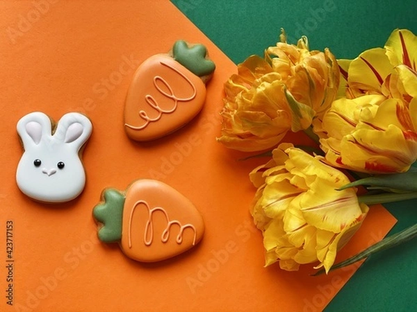 Obraz White Easter bunny gingerbread with orange tulips 