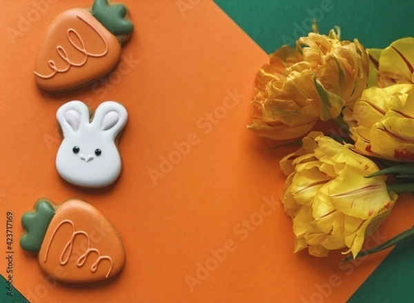 Obraz White Easter bunny gingerbread with orange tulips 