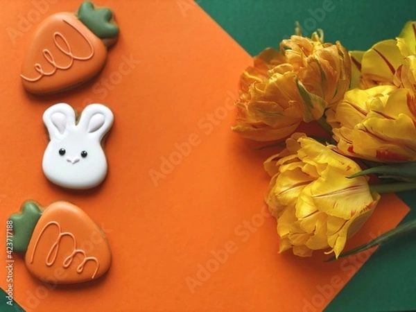 Obraz White Easter bunny gingerbread with orange tulips 