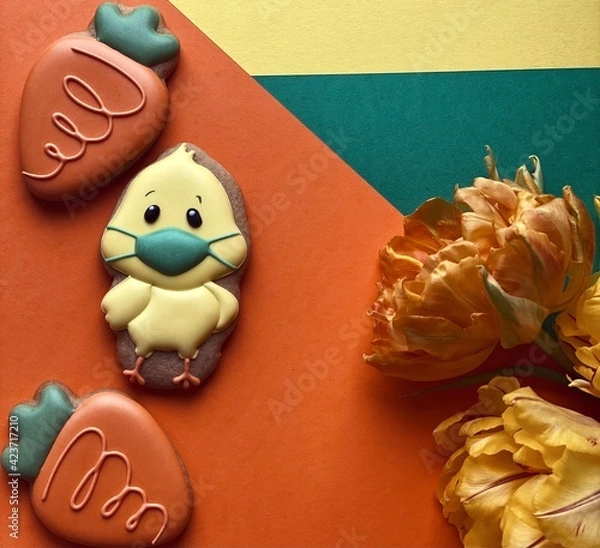 Obraz Funny Easter chick in face protective mask 