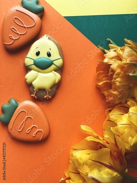 Obraz Funny Easter chick in face protective mask 