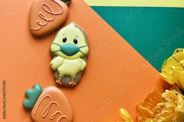 Obraz Funny Easter chick in face protective mask 