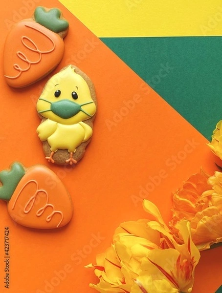 Obraz Funny Easter chick in face protective mask 