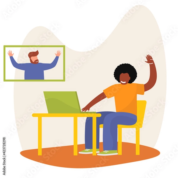 Obraz Vector flat concept with laptop and african american man on screen at home recording video on webcam. Remote work by bloggers, podcast hosts, teachers using online stream servises in quarantine time