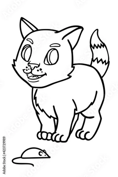 Fototapeta Vector cute kitten. Line art coloring book, black and white drawing illustration
