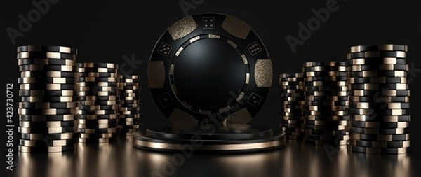 Fototapeta Modern Black And Gold Pedestal And Casino Chips, Isolated On The Black Background. Empty Space For Logo Or Text - 3D Illustration