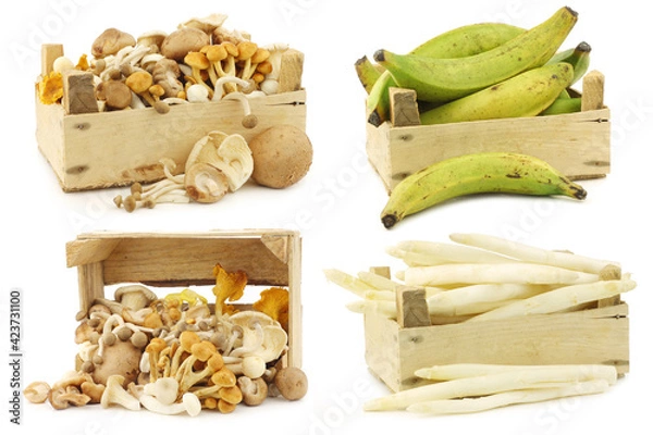Fototapeta Fresh assorted cooking vegetables in a small wooden box on a white background