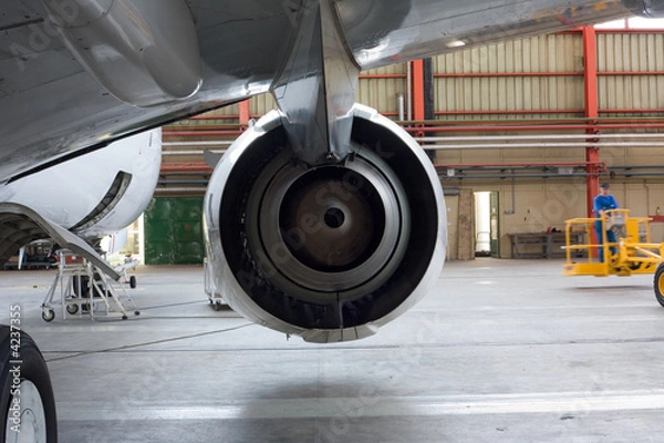 Obraz Jet engine at aircraft in the hangar, back view