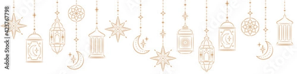 Obraz Ramadan Kareem Border, Islamic art Style Background. Symbols of Ramadan Mubarak, Hanging Gold Lanterns, arabic lamps, lanterns moon, star, art vector and illustration.