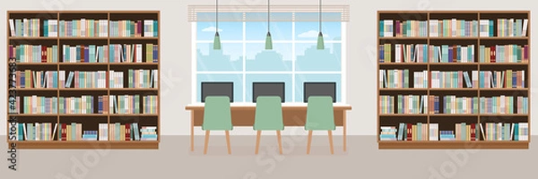 Obraz Empty library. Modern interior with bookcases, table, chairs and computers. Vector illustration.