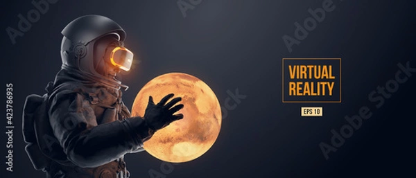 Fototapeta VR headset with neon light, future technology concept banner. Astronaut with virtual reality glasses on black background and Mars planet. VR games. Vector illustration. Thanks for watching