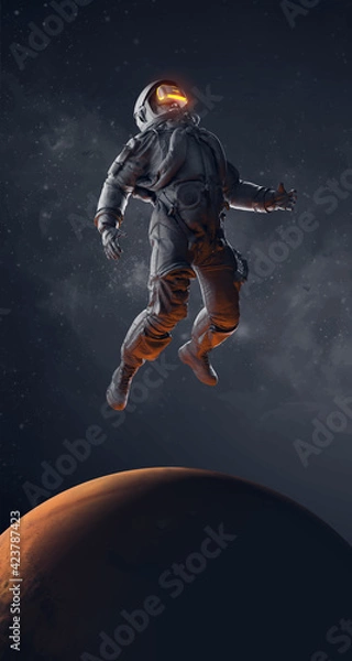 Obraz VR headset with neon light, future technology concept banner. Astronaut with virtual reality glasses on black background and Mars planet. VR games. Vector illustration. Thanks for watching