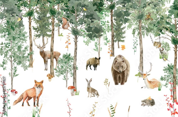Obraz Children's wallpaper. Watercolor forest with animals.