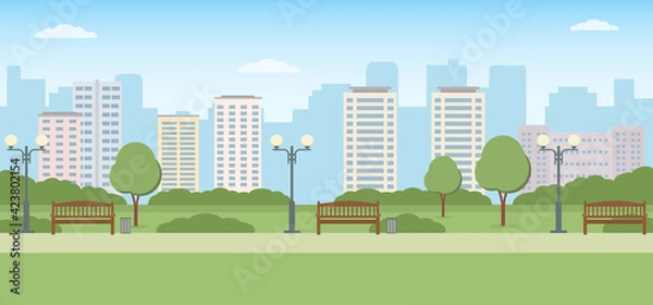 Obraz Empty city park with trees, benches and lawn. Summer landscape. Panoramic view.  Vector illustration.