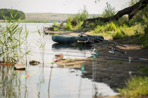 Fototapeta An inflatable boat, with boxes with fishing tackles, is standing on the water, pond, lake, near the shore on the background of tree, nature. Fishing background. boat with oars.