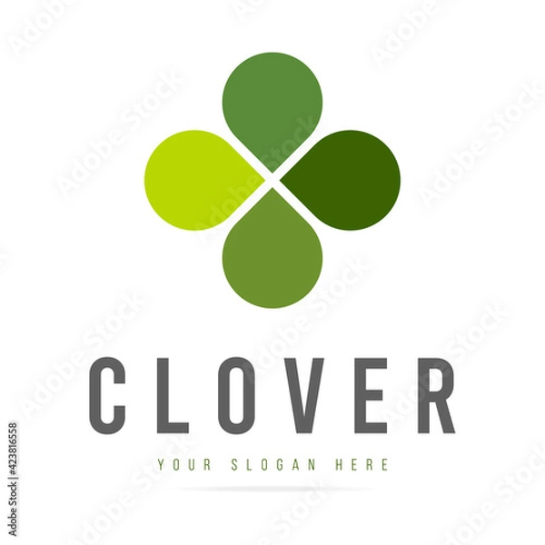 Obraz Abstract green clover logo four leaves heart shape,icon irish shamrock luck,sign ecological business company,symbol nature eco.Graphic design template.Simple clean vector logotyp isolated illustration