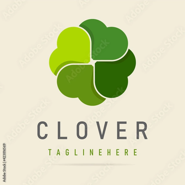 Obraz Abstract green clover logo four leaves heart shape,icon irish shamrock luck,sign ecological business company,symbol nature eco.Graphic design template.Simple clean vector logotyp isolated illustration