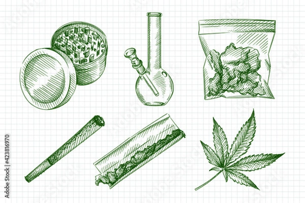 Fototapeta Hand drawn sketch set of Weed smoking tools. Marijuana smoking. Weed grinder, Marijuana Leaf, Glass bong, weed pocket, rolling marijuana blunt; marijuana blunt; rolled cannabis, cigarette	