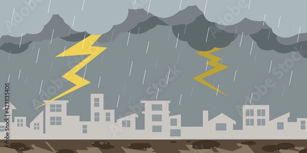 Fototapeta 街並み　大雨　雷