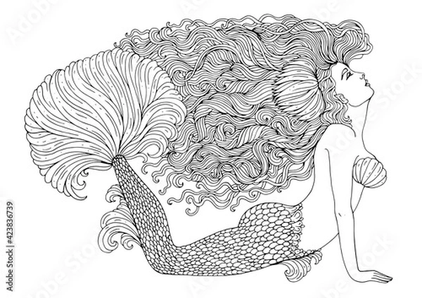 Fototapeta Vector drawing fantastic sea mermaid with developing long wavy hair decorated water lily. Sea goddess with a lush fin tail lies on the bottom and looks. Pattern ornamental coloring page Fairy tale 