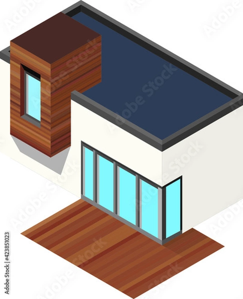 Fototapeta Izometryczny budynek z elewacja z drewna i tarasem.