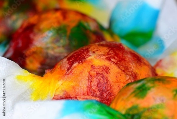 Obraz Set of stages of painting Easter eggs before great Easter holiday with changing focus