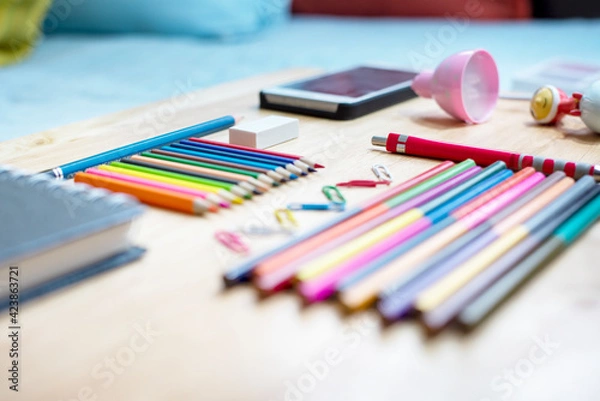 Fototapeta Back to school concept. school and Office supplies and various stationery on wooden background. Flat lay stylish set