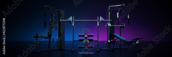 Obraz gym equpment in dark background. 3d rendering	