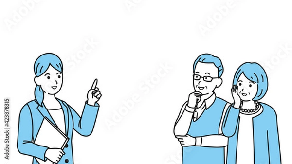 Fototapeta 老夫婦に説明するスーツ姿の女性　ビジネスウーマン　シニア　年配　高齢者　イラスト素材