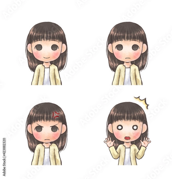 Fototapeta 春服の女の子　微笑、無表情、怒り、驚き　セット