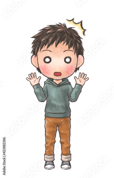 Fototapeta パーカーを着た男の子　驚いている表情　全身