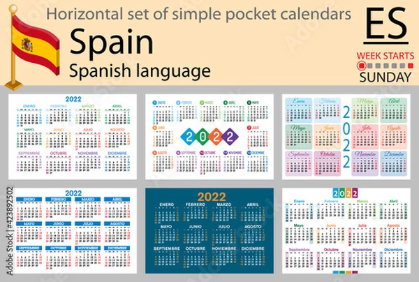 Fototapeta Spanish horizontal pocket calendar for 2022. Week starts Sunday