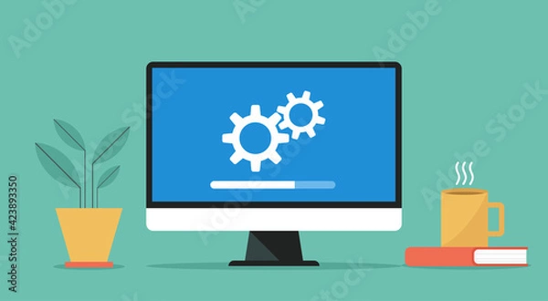 Fototapeta computer with software system update and development concept, vector flat design illustration