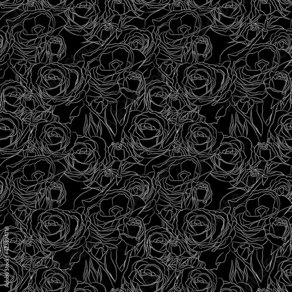 Fototapeta Abstract floral vector seamless pattern with white contours of rose flowers on black background. Template for design, textile, wallpaper, wrapping, carton.