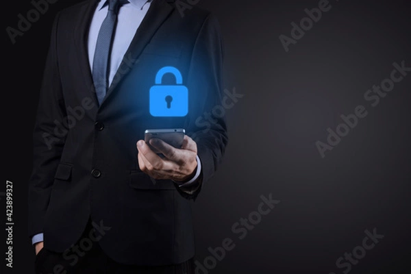 Fototapeta Cyber security network. Padlock icon and internet technology networking. Businessman protecting data personal information on virtual interface. Data protection privacy concept. GDPR. EU