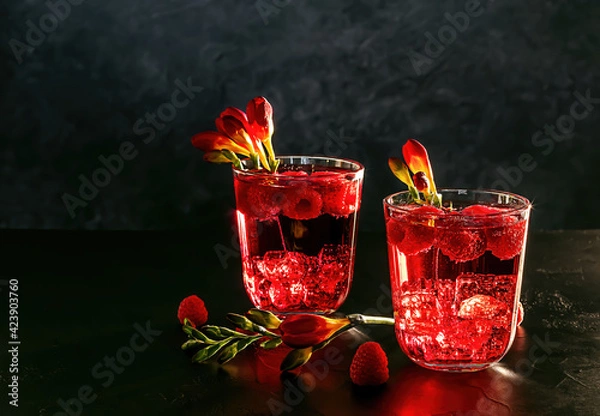 Fototapeta Summer Berry Mocktail Drink. Lemonade with raspberry and soda water. Copy space