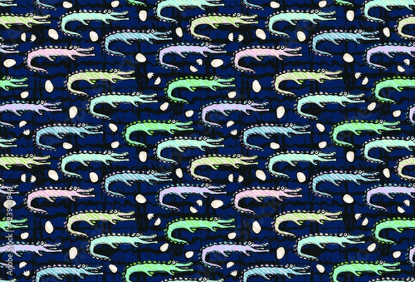 Obraz Hand drawn funny crocodiles and alligators in vector seamless pattern for boys and girls. Children's background and pattern. Print for fabrics and scrapbooking. Reptiles on grunge texture