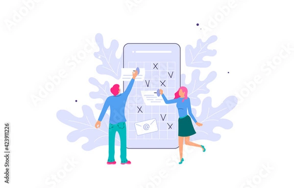 Obraz Tiny people make an online schedule in the mobile application