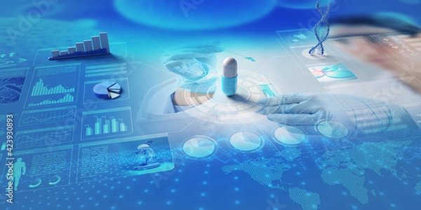 Fototapeta Holograms of capsule; charts and DNA helix on scientific backdrop. Concept about pharmaceutical research and development; biochemical industry.