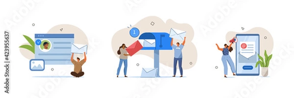 Fototapeta Email Marketing Scenes. People Characters Using Online Postbox and Sending Advertising Mails. Woman and Man Holding Envelopes and Reading Letters.  Flat Cartoon Vector Illustration.