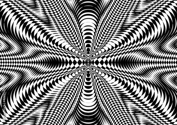 Obraz Moire effect, black-white hypnotic pattern, psychedelic background. Op art, optical illusion. Modern design, graphic texture.