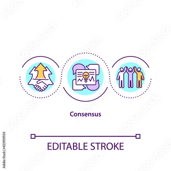 Fototapeta Consensus concept icon. Agreement in work. Effective teamwork. Productivity in job. Problem solving strategy idea thin line illustration. Vector isolated outline RGB color drawing. Editable stroke