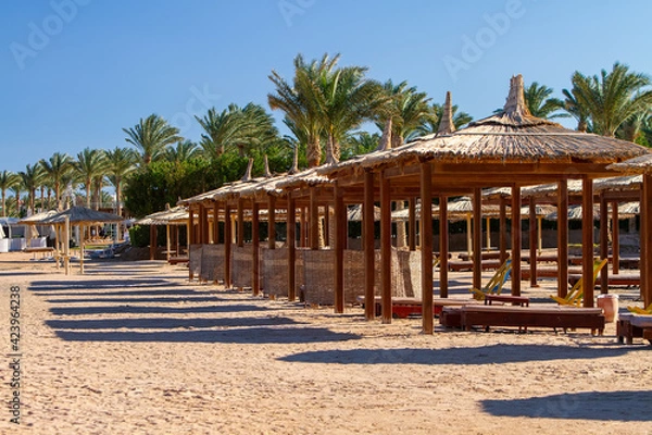 Fototapeta on a deserted empty beach sun loungers and umbrellas on the shores of the Red Sea, evening, winter Sharm el Sheikh, Egypt