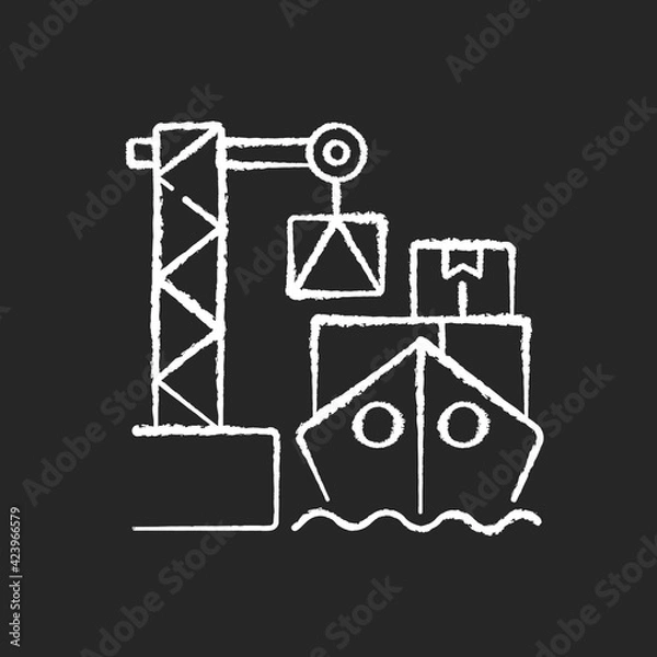 Fototapeta Cargo loading chalk white icon on black background. Container ship. Vessel loading, unloading procedure. Sea freight transport. Cargo container stowage. Isolated vector chalkboard illustration