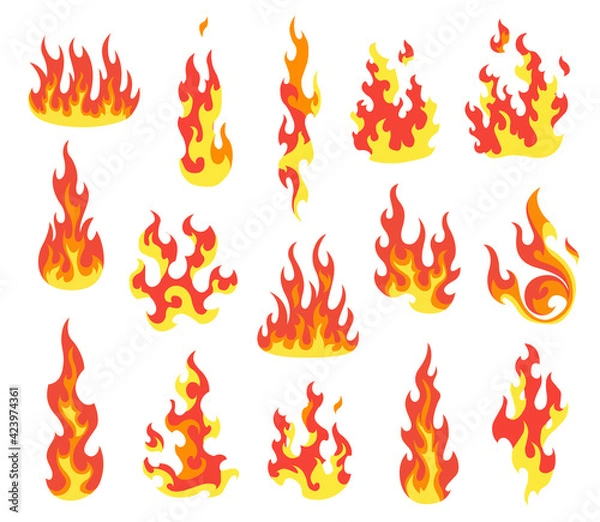 Fototapeta Set of red and orange fire flame. Flames of different shapes. Fireball set, flaming symbols. Idea of energy and power. Collection of hot flaming element. icons in cartoon style