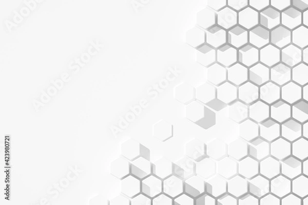 Fototapeta Hexagonal white abstract background. White fading hexagon blocks with copy space. 3D illustration