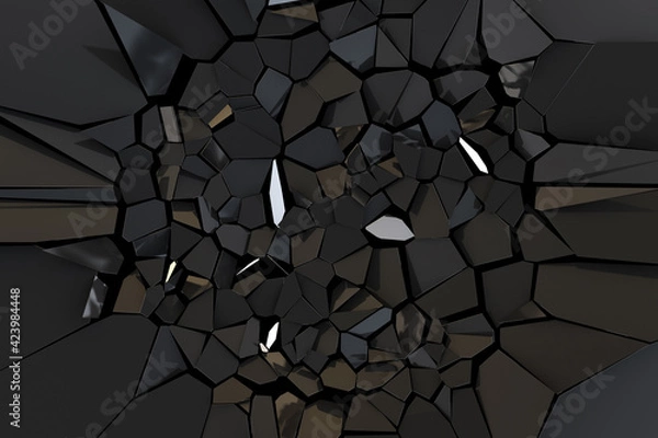 Fototapeta Broken black mirror. Black abstract polygonal background. Deformation black surface. 3d rendering illustration. High resolution.