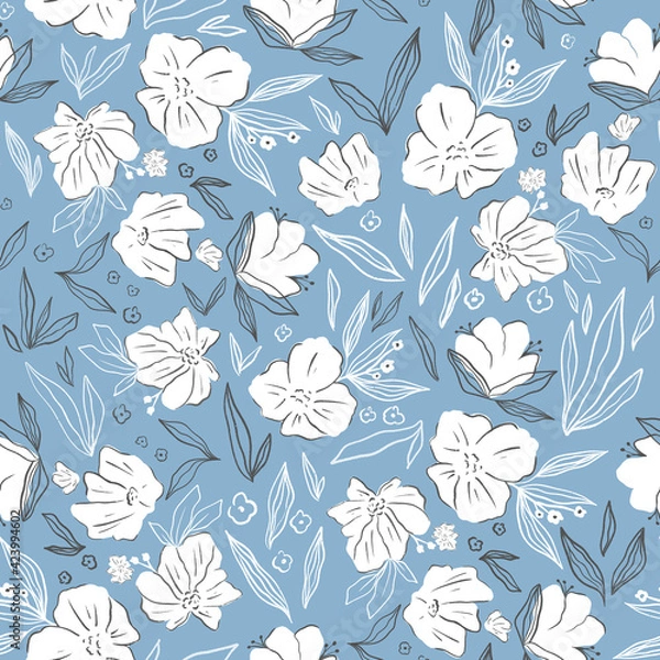 Obraz Seamless pattern. White flowers on a blue background for design.