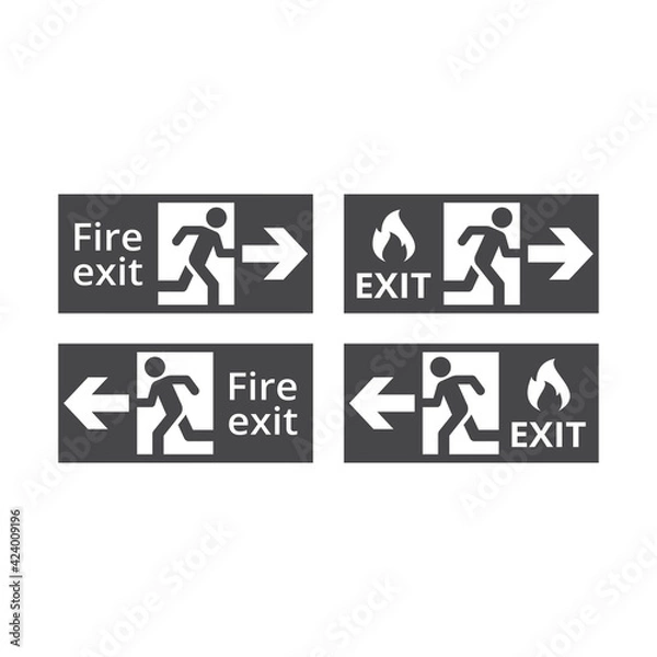 Fototapeta Fire exit black vector sign. Fire escape icon with door, running man and flame.