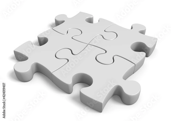 Fototapeta 3D rendering of a group of four interlocked puzzle pieces on a white background